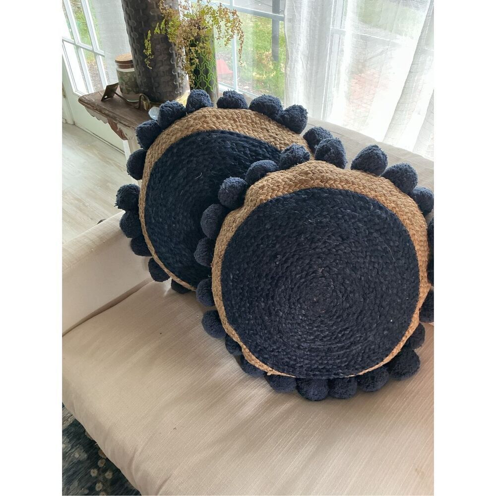 Pair of 24” Round Navy and Natural Jute Pom-Pom Throw Pillows Boho